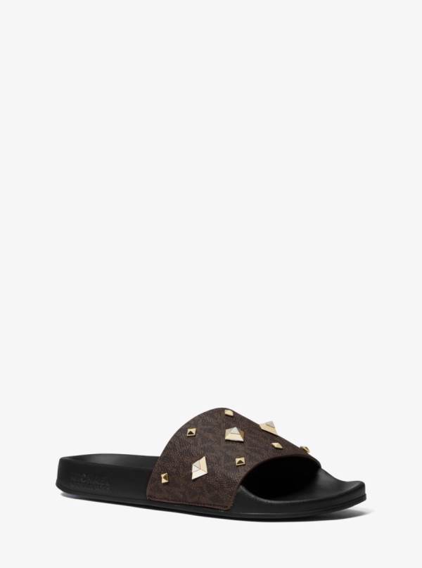 Damske Slapky Michael Kors Gilmore Studded Logo Hnede - Topanky Michael Kors Levně | ZRKXI-0476